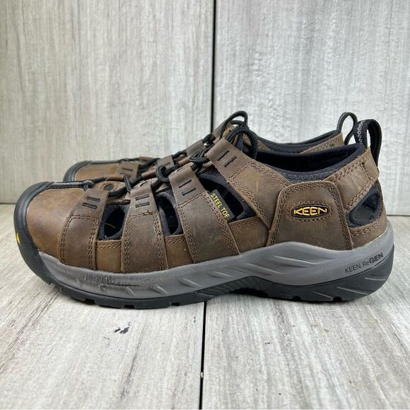 KEEN Utility Atlanta II Brown Leather Steel Toe Sandal Shoe Mens Size 9 EE Wide - Picture 1 of 10